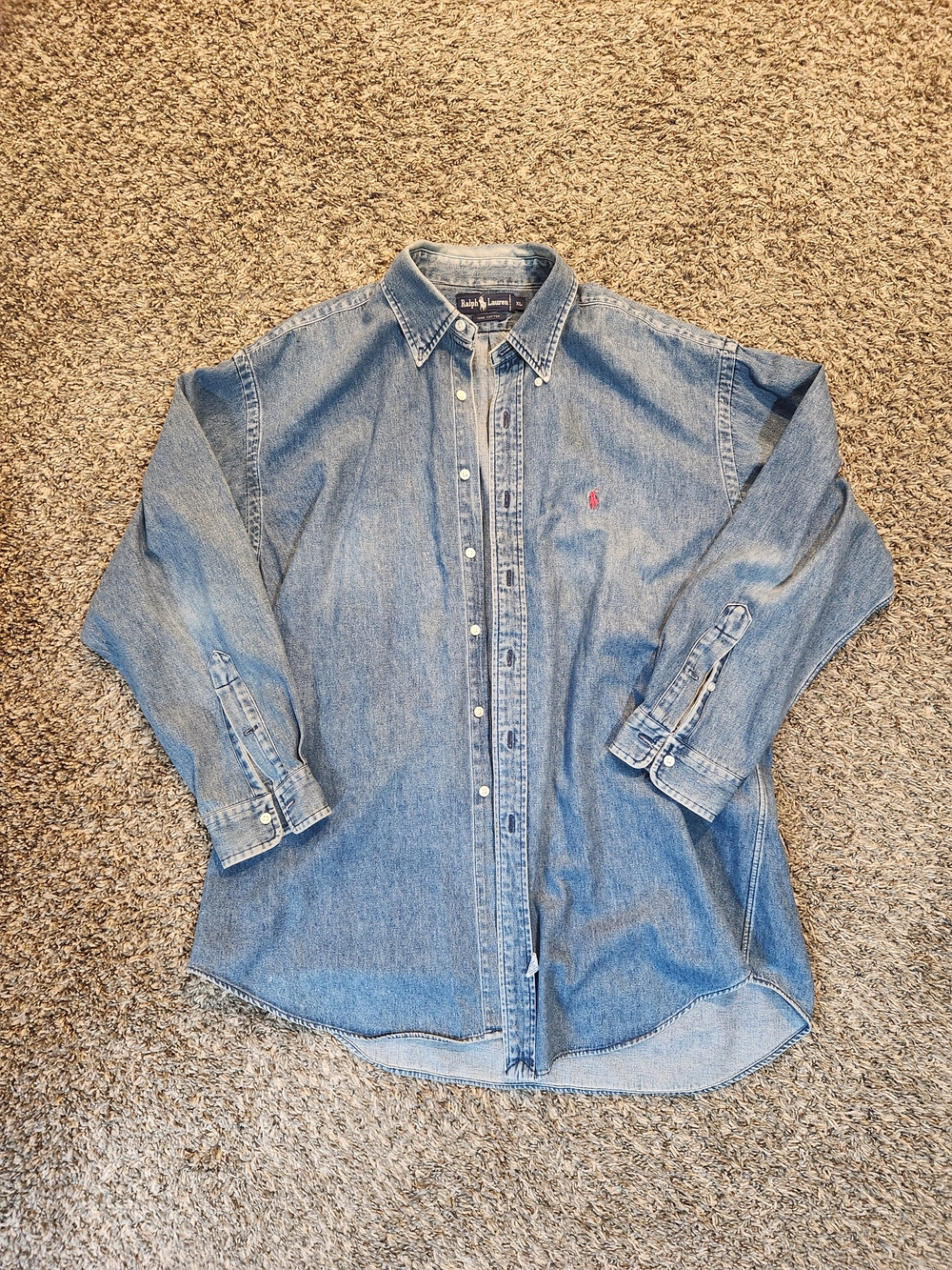 Vintage Ralph Lauren Polo Blue Denim Button-Down Red Pony Size XL Men